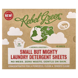 Rebel Green, Small But Mighty, Detergente para la ropa en hojas, Lavanda y pomelo, 40 hojas