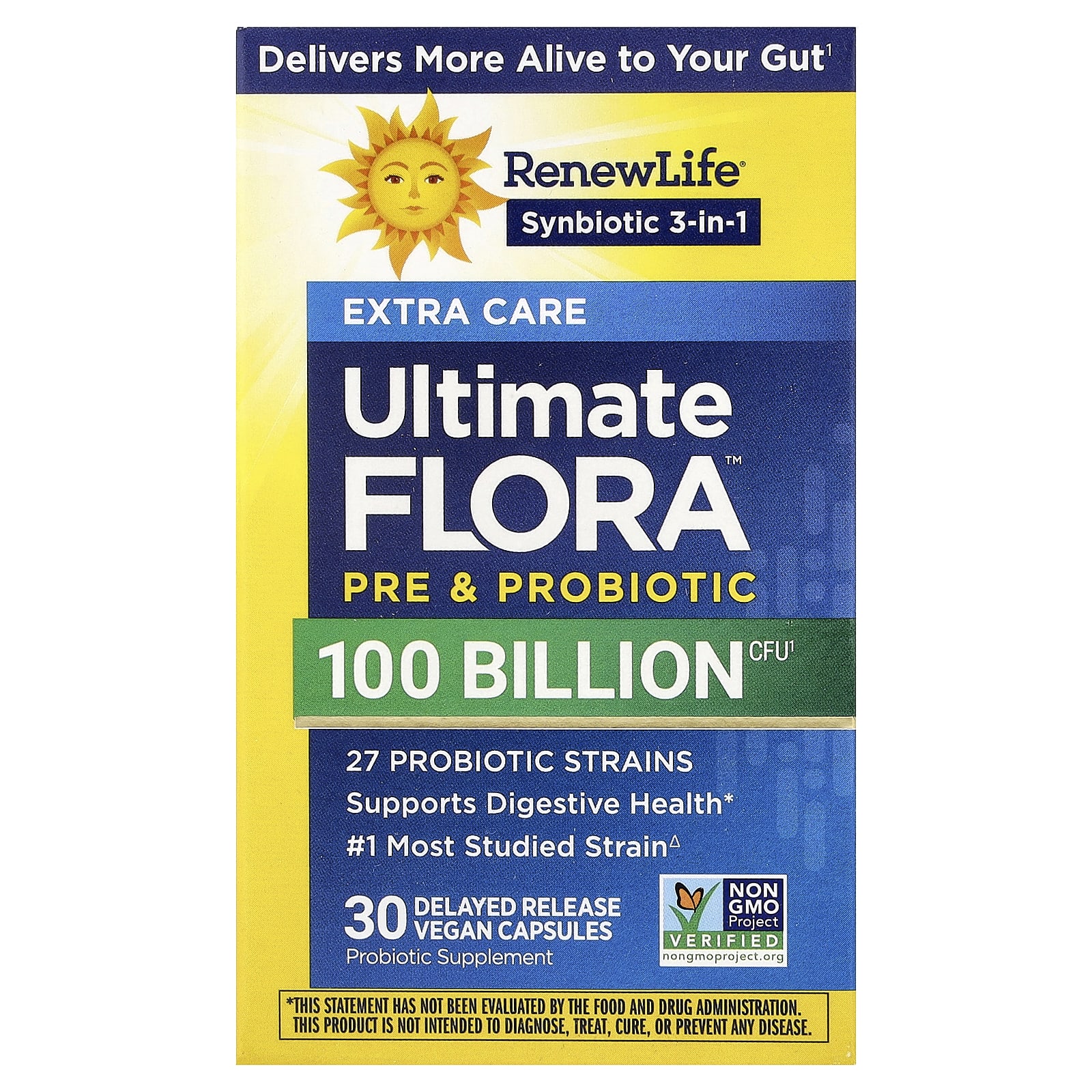 Renew Life Extra Care, Ultimate Flora, Prebiotic & Probiotic, 100 Billion CFU, 30 Delayed Release Vegan Capsules de Renew Life