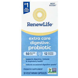 Renew Life, Extra Care Digestive, Suplemento probiótico digestivo para aportar cuidado adicional, 50.000 millones de UFC, 30 cápsulas vegetales