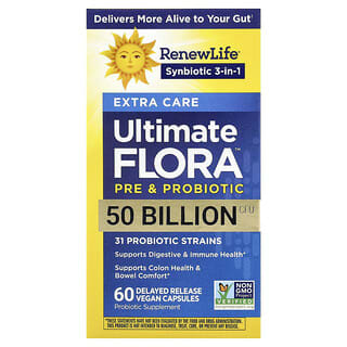 Renew Life, пробиотик Extra Care Ultimate Flora™, 50 млрд КОЕ, 60 веганских капсул с отсроченным высвобождением