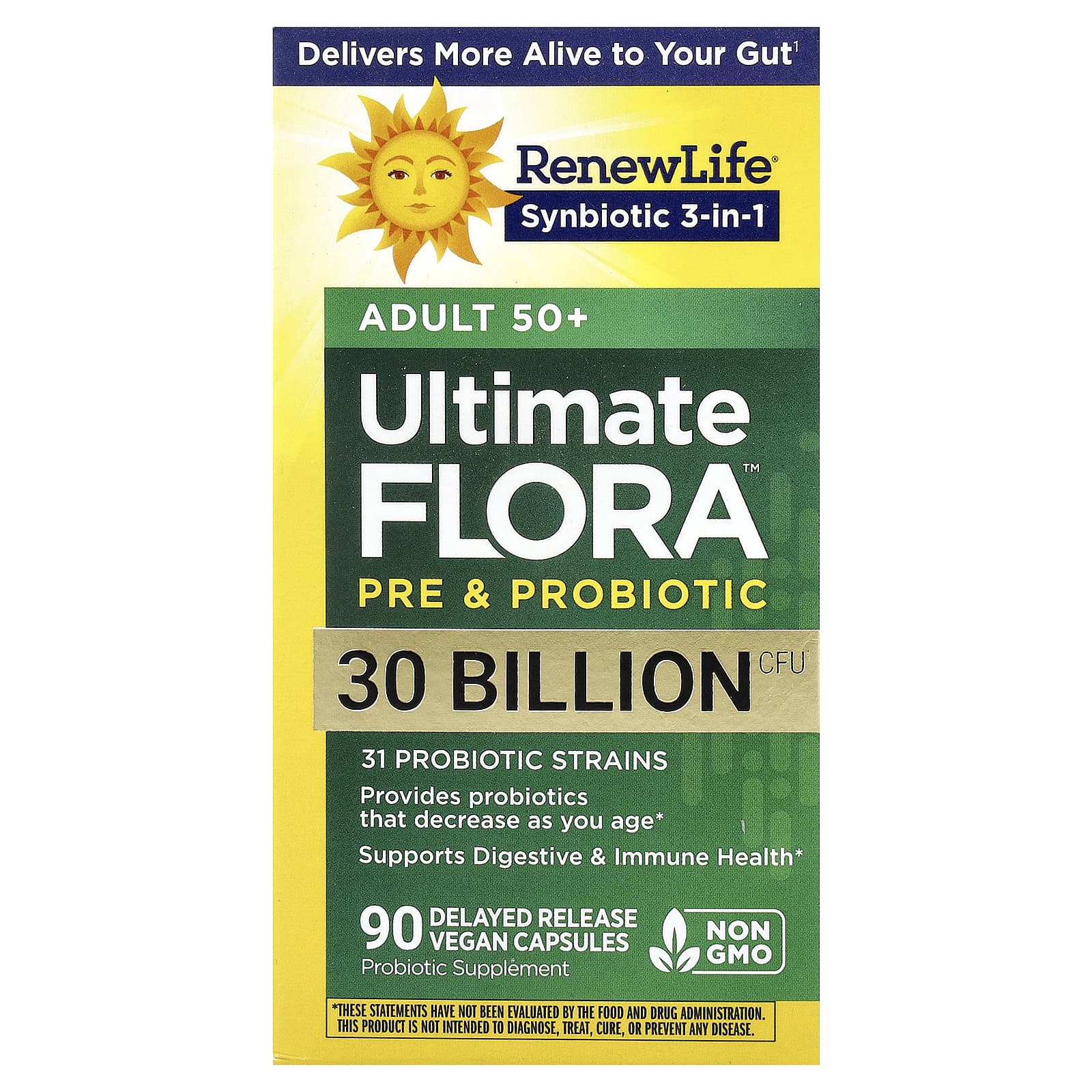 Renew Life Ultimate Flora Pre & Probiotic, Adult 50+, 90 Delayed Release Vegan Capsules de Renew Life