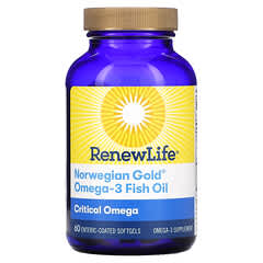 Renew Life, Critical Omega, Ômega-3 de Óleo de Peixe Norwegian Gold, 60 Cápsulas Softgel Revestidas Entericamente