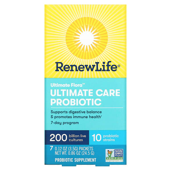 Renew Life, Ultimate Flora, Ultimate Care Probiotic, 200 Billion Live Cultures, 7 Packets, 0.12 oz (3.5 g) Each (Discontinued Item) 