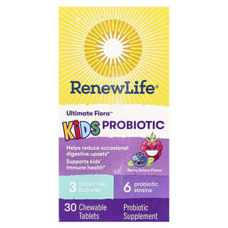Renew Life, Ultimate Flora, Probiótico para niños, Bayas deliciosas, 3000 millones de cultivos vivos, 30 comprimidos masticables
