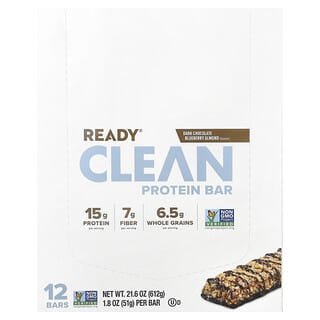 Ready, Clean Protein Bar, Clean Protein Bar, dunkle Schokolade-Heidelbeere-Mandel, 12 Riegel, je 51 g (1,8 oz.).