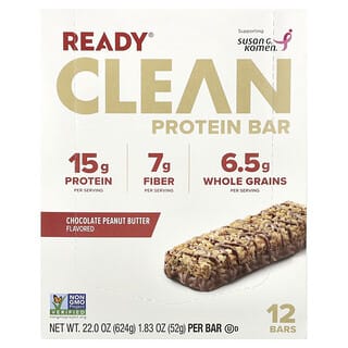 Ready, Barre protéinée clean, Chocolat et beurre de cacahuète, 12 barres, 52 g pièce