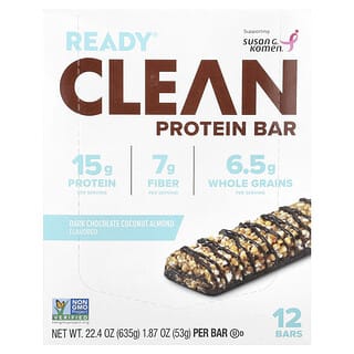 Ready, Clean Protein Bar, Clean Protein Bar, dunkle Schokolade-Kokosnuss-Mandel, 12 Riegel, je 53 g (1,87 oz.).