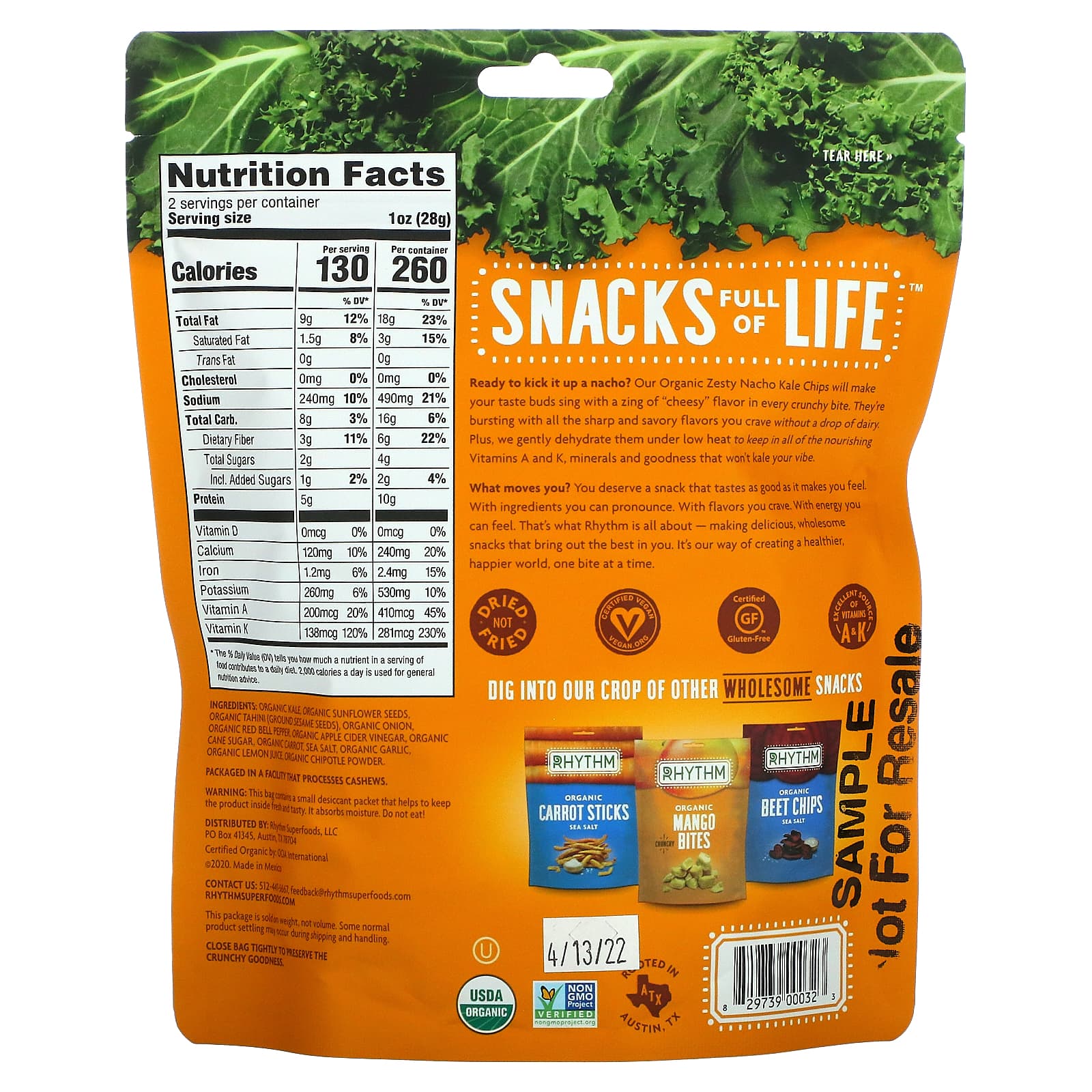 Rhythm Superfoods, Rhythm Superfoods, Organic, Kale Chips, Zesty Nacho