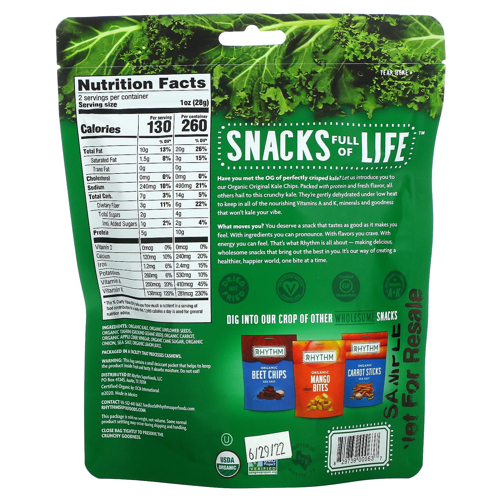 Rhythm Superfoods, Organic Kale Chips, Original, 2 oz (57 g)