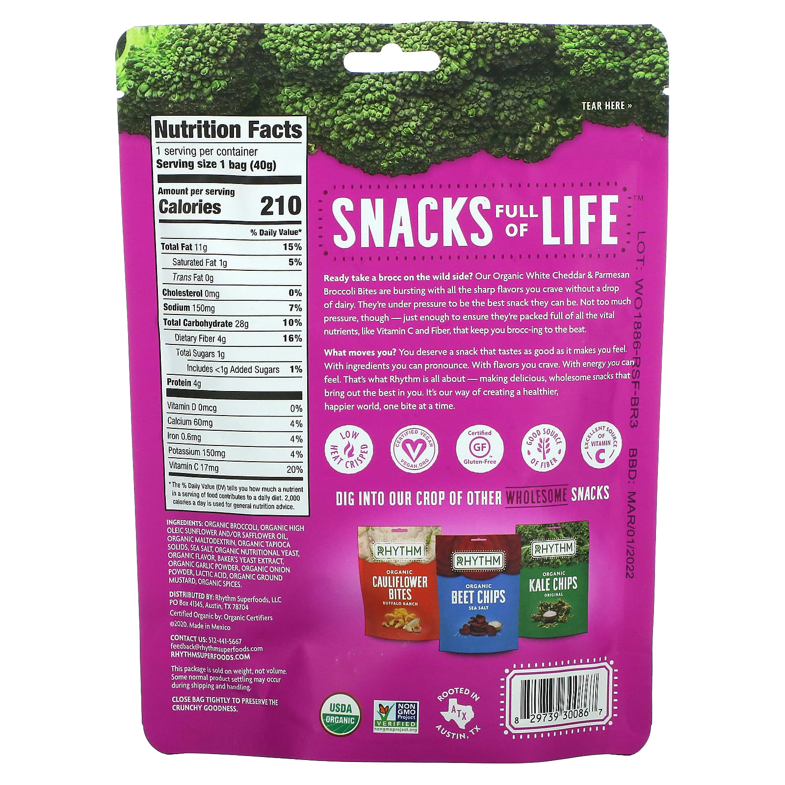 Rhythm Superfoods, Organic Broccoli Bites, White Cheddar & Parmesan, 1.
