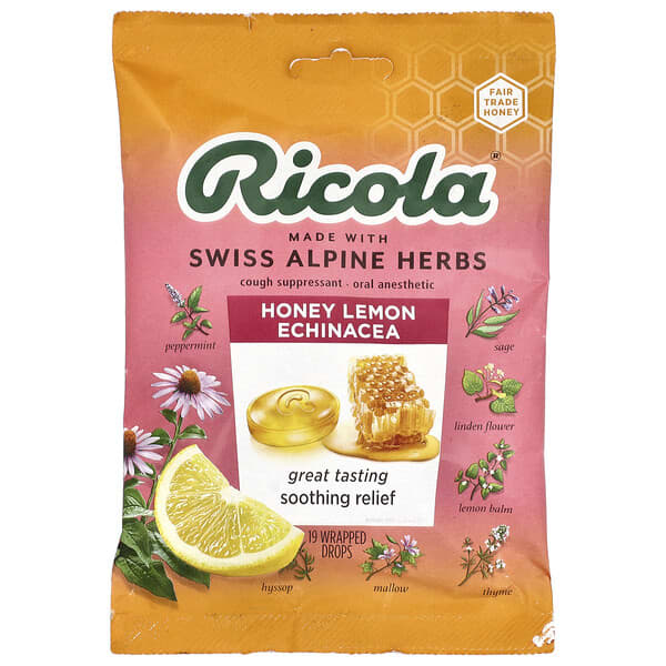 Ricola, 구강 마취제, 허니 레몬 에키네시아, 19회 포장