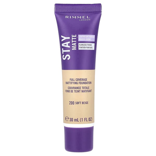 Rimmel London, 스테이 매트, 풀 커버리지 매티파잉 파운데이션, 200 소프트 베이지, 30ml(1fl oz)