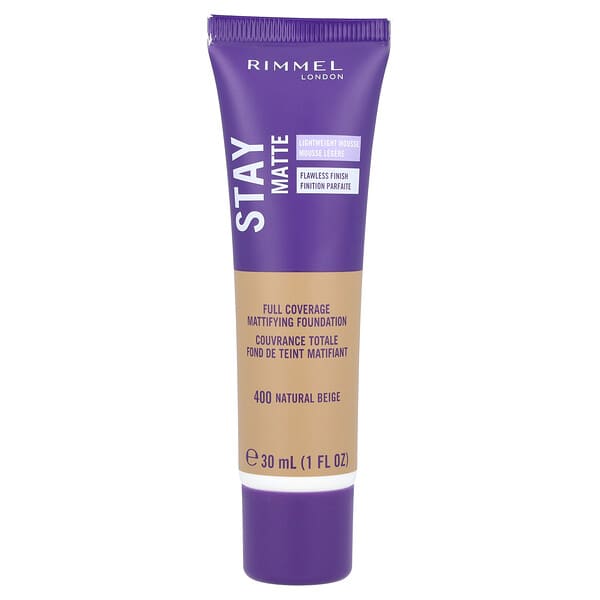 Rimmel London, 스테이 매트, 풀 커버리지 매티파잉 파운데이션, 400 내추럴 베이지, 30ml(1fl oz)