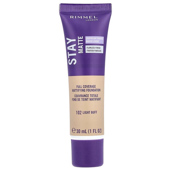 Rimmel London, 스테이 매트, 풀 커버리지 매티파잉 파운데이션, 102 라이트 버프, 30ml(1fl oz)
