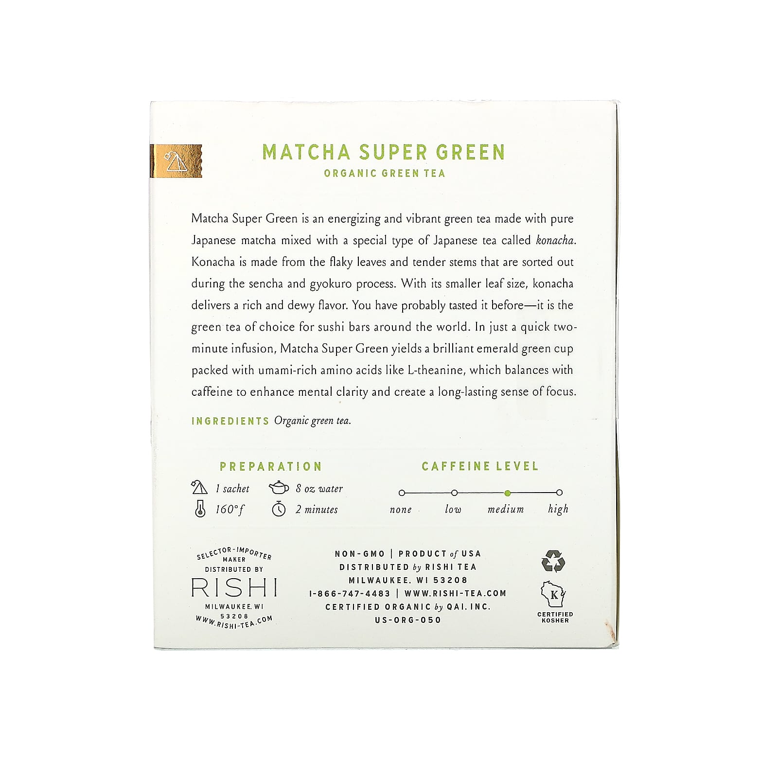 Rishi Tea, Organic Green Tea, Matcha Super Green, 15 Sachets, 1.42 oz (40.5 g)