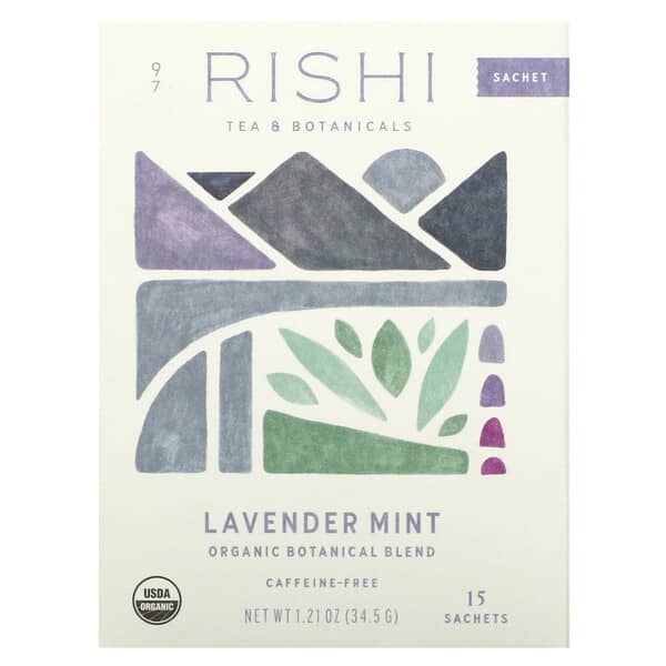 Rishi Tea, Mezcla botánica orgánica, Lavanda y menta, Sin cafeína, 15 sobres, 37,5 g (1,32 oz)