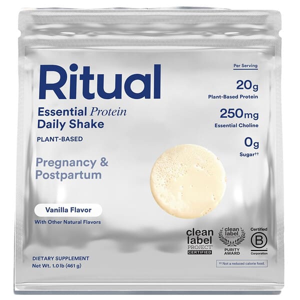 Ritual, 에센셜 단백질 데일리 셰이크, 임신 및 산후 보충제, 바닐라, 461g(1lb)