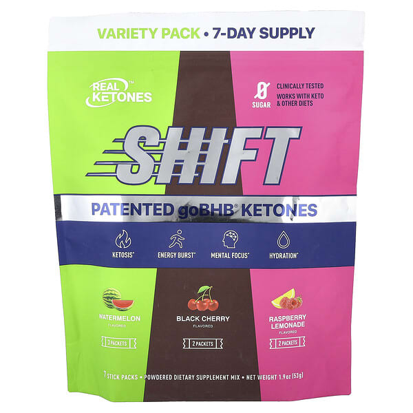 Real Ketones Shift, Variety Pack, Watermelon, Black Cherry, Raspberry Lemonade, 7 Stick Packs, 1.9 oz (53 g)