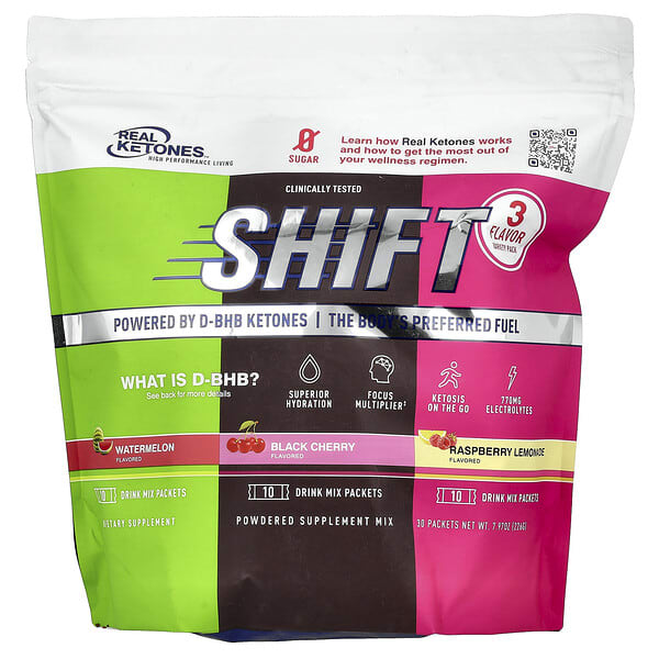 Real Ketones, Shift, Variety Pack, Watermelon, Black Cherry, Raspberry Lemonade, 30 Packets