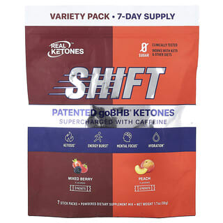 Real Ketones, Shift, Kafeinle Güçlendirilmiş, Çeşitlilik Paketi, Karışık Meyve, Şeftali, 7 Çubuk Paket, Her Biri 0,26 oz (7,3 g)