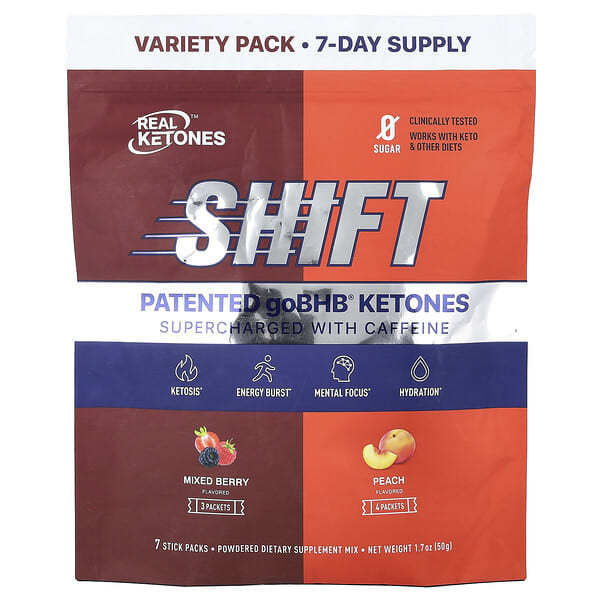 Real Ketones Shift, Supercharged With Caffeine, Variety Pack, Mixed Berry, Peach, 7 Stick Packs, 0.26 oz (7.3 g) Each