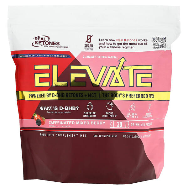 Real Ketones Elevate, Caffeinated Mixed Berry, 30 Drink Mix Packets, 0.43 oz (12.2 g) Each