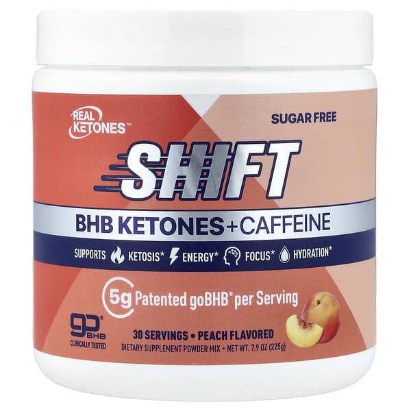 Real Ketones, Shield, Mélange de cétones BHB et de caféine en poudre, Pêche, 225 g