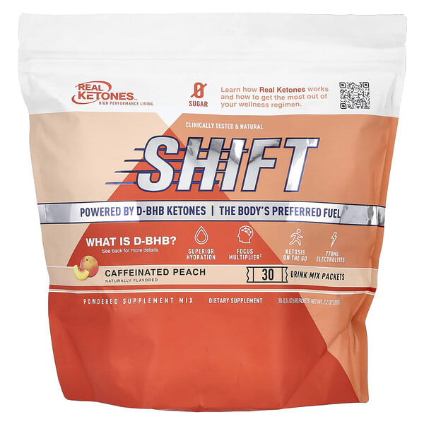 Real Ketones Shift, Caffeinated Peach, 30 Drink Mix Packets, 0.24 oz (6.9 g) Each