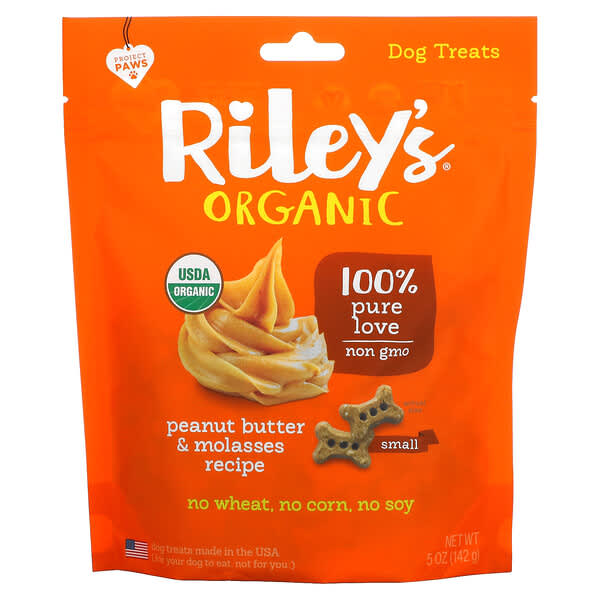 Riley’s Organics, лакомства для собак, маленькая косточка, рецепт с арахисовым маслом и патокой, 142 г (5 унций)