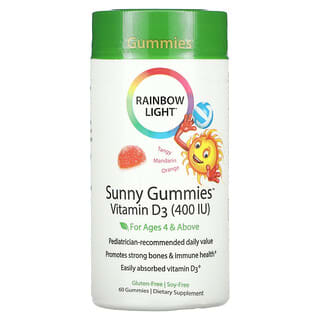 Rainbow Light, Sunny Gummies, Vitamina D3, Para niños de 4 años en adelante, Mandarina ácida, 400 UI, 60 gomitas