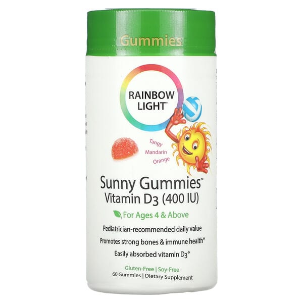Rainbow Light, Sunny Gummies, 비타민D3, 만 4세 이상, 톡 쏘는 만다린 오렌지, 400IU, 구미젤리 60개