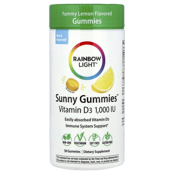Rainbow Light Sunny Gummies™, Vitamin D3, Yummy Lemon, 25 mcg (1000 IU), 50 Gummies