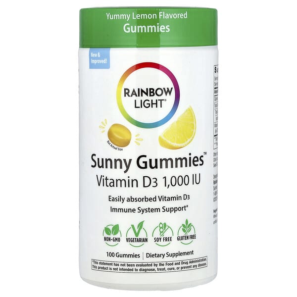 Rainbow Light Sunny Gummies™, Vitamin D3, Yummy Lemon, 25 mcg (1000 IU), 100 Gummies