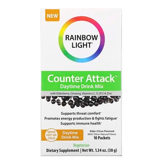 Rainbow Light, Counter Attack，日间混合饮品，含接骨木浆果、人参、维生素 C、B12、锌，接骨木柑橘，10 包，每包 0.1 盎司（3.8 克）