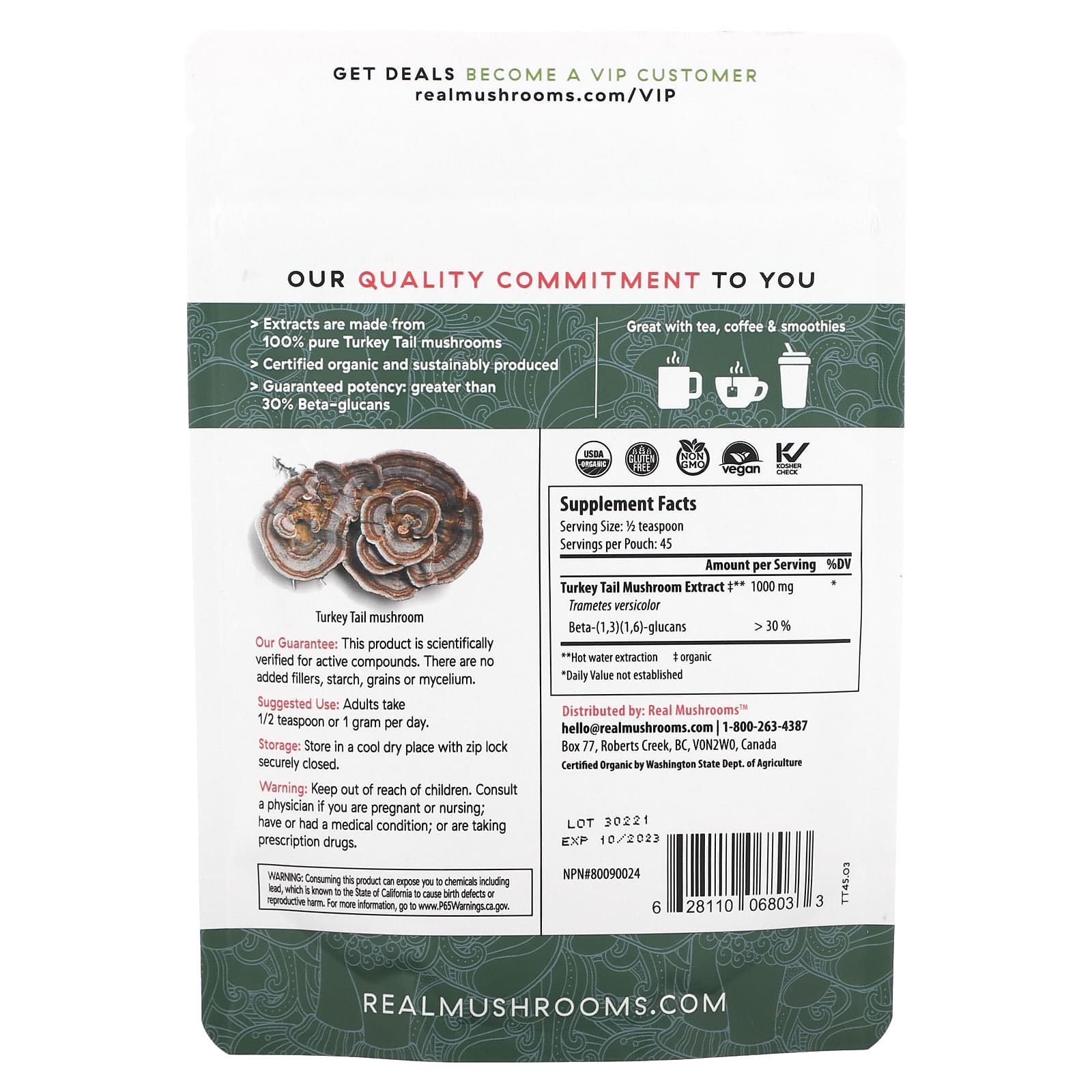 Real Mushrooms Turkey Tail Organic Mushroom Extract Powder 1 59 Oz 45 Gm