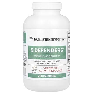 Real Mushrooms, 5 Defenders®, порошок с экстрактом грибов, 200 капсул