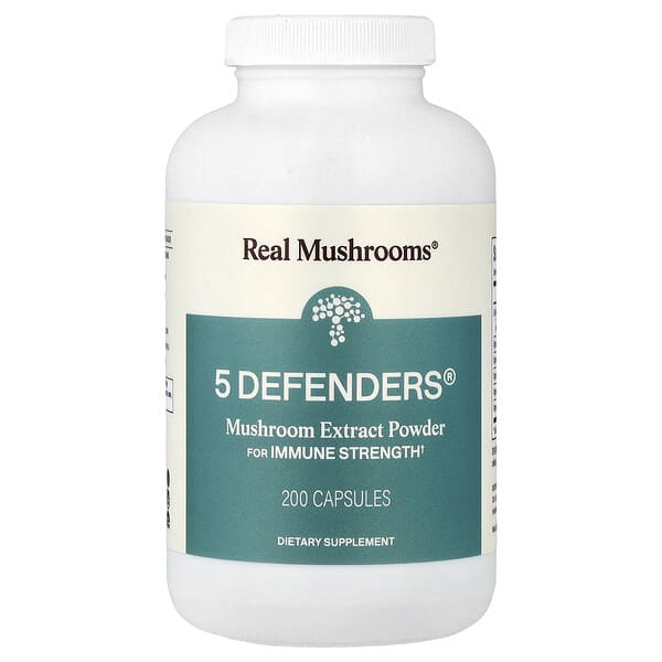 Real Mushrooms, 5 Defenders®, 버섯 추출물 분말, 캡슐 200정