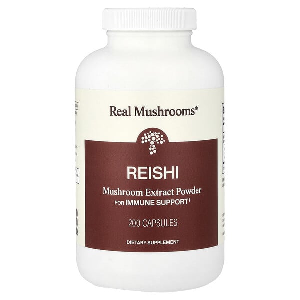 Real Mushrooms, 영지버섯, 버섯 추출물 분말, 캡슐 200정
