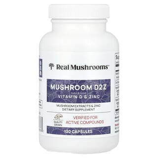 Real Mushrooms, Champignon D2Z, D2/bêta-glucane/zinc, 120 capsules