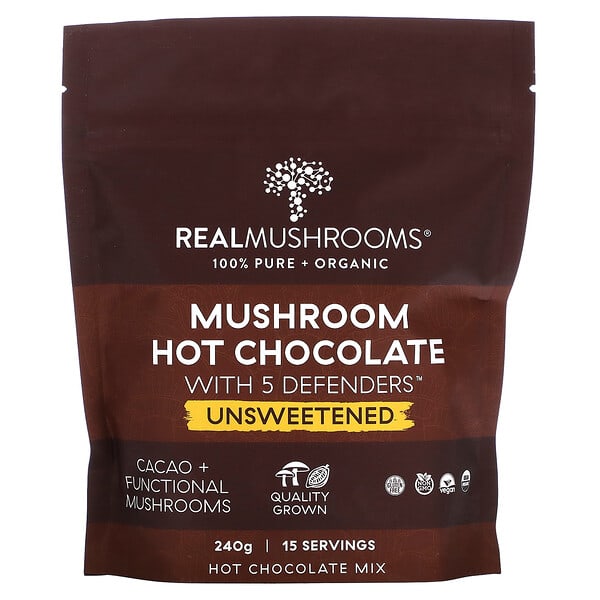 Real Mushrooms, 蘑菇熱巧克力，含 5 種抵禦成分，未加糖，240 克