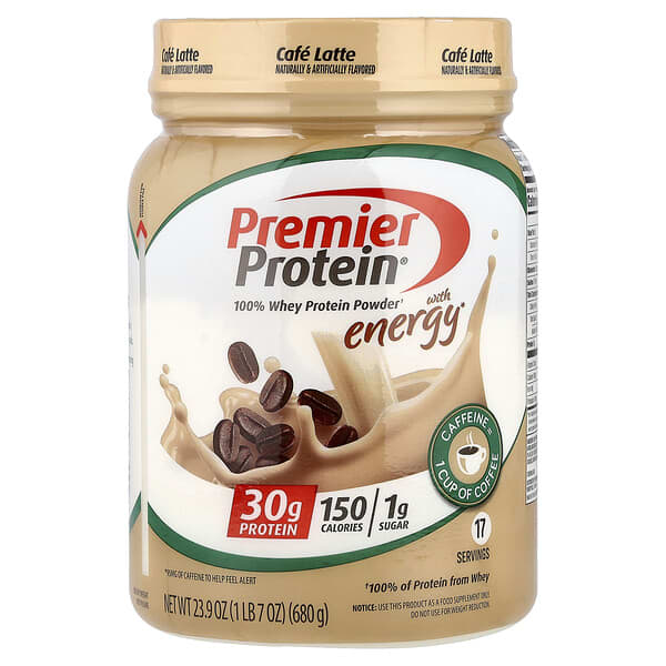 Premier Protein, 100% 유청 단백질 분말, 에너지 증진, 카페 라테 맛, 680g(23.9oz)