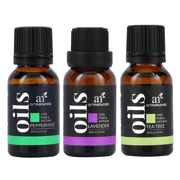 artnaturals, Top 3 Essential Oils Set, Lavender, Tea Tree, and Peppermint, 3 Piece Set, 0.50 fl oz (15 ml) Each