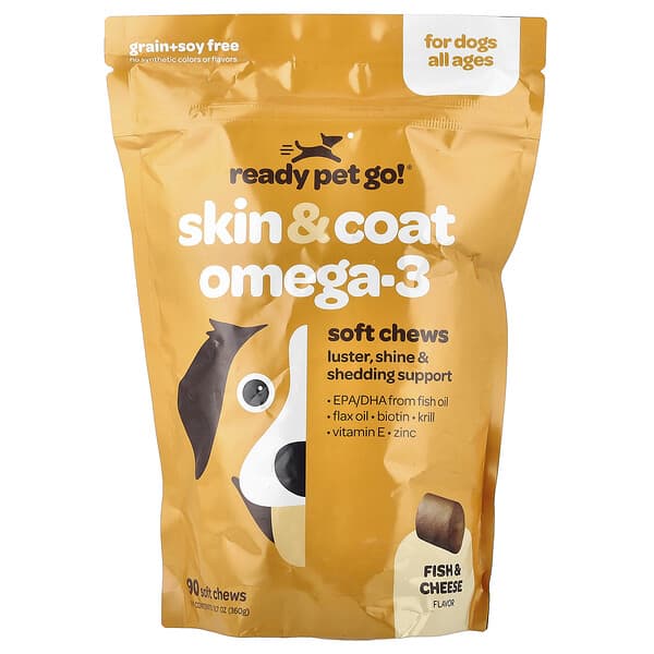 Ready Pet Go, 歐米伽健康咀嚼片，狗狗毛皮幫助，所有年齡段，魚油 + 乳酪，90 片軟咀嚼片