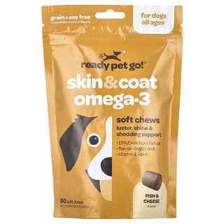 Ready Pet Go, Oméga-3 pour la peau et le pelage, Pour chiens, Tous âges, Poisson et fromage, 60 friandises molles à mâcher, 240 g