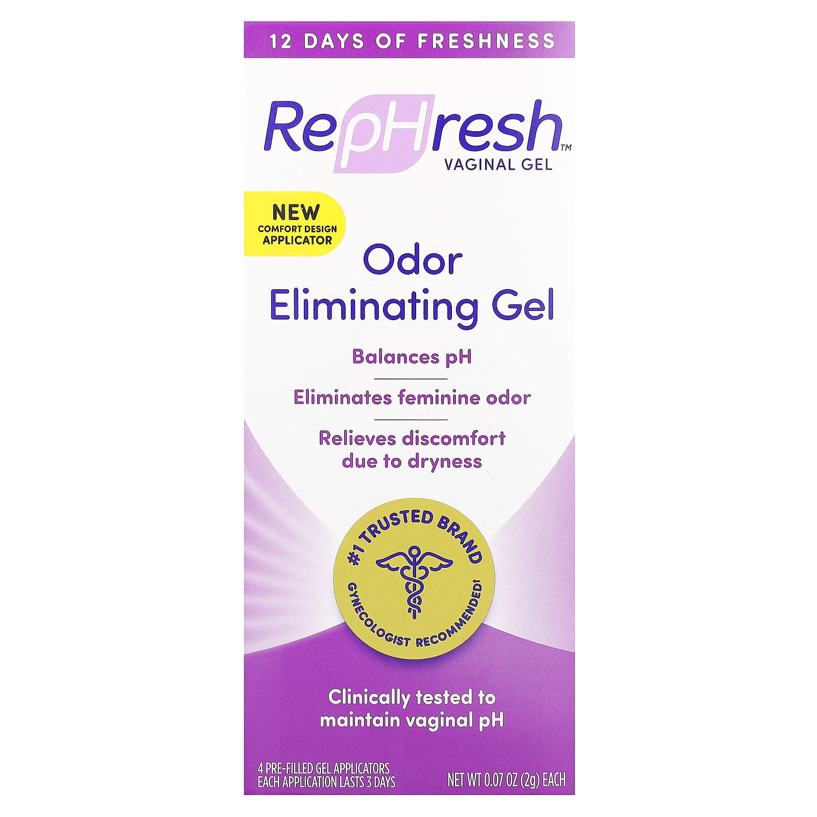 Rephresh, Vaginal Gel, Odor Eliminating Gel, 4 PreFilled Gel Applicators, 0.07 oz (2 g) Each