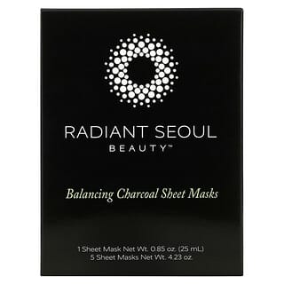 Radiant Seoul, Mascarillas de belleza equilibrantes de carbón vegetal en lámina, 5 mascarillas en lámina, 25 ml (0,85 oz) cada una