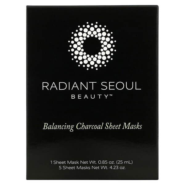 Radiant Seoul, أقنعة الفحم الورقية لتوازن البشرة، 5 أقنعة ورقية، كل قناع 0.85 أونصة (25 مل)