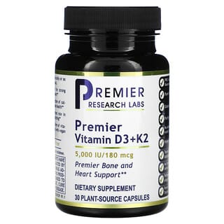 Premier Research Labs, Vitamina D3 y K2 premier, 5000 UI / 180 mcg, 30 cápsulas de origen vegetal