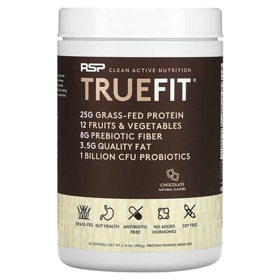 RSP Nutrition, TrueFit, Grass-Fed Whey Protein Shake with Fruits and Vegetables, Chocolate Flavor, 2 lbs (940 g)