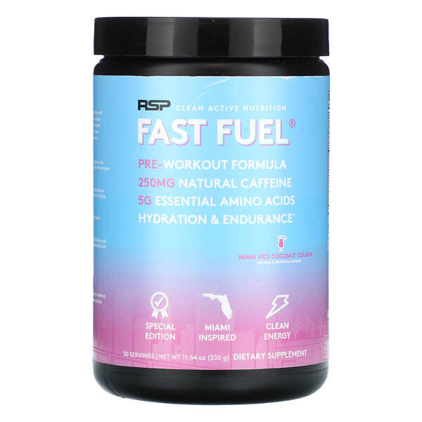 RSP Nutrition, Fast Fuel, предтренировочная формула, кокосовая колада Miami Vice, 330 г (11,64 унции)
